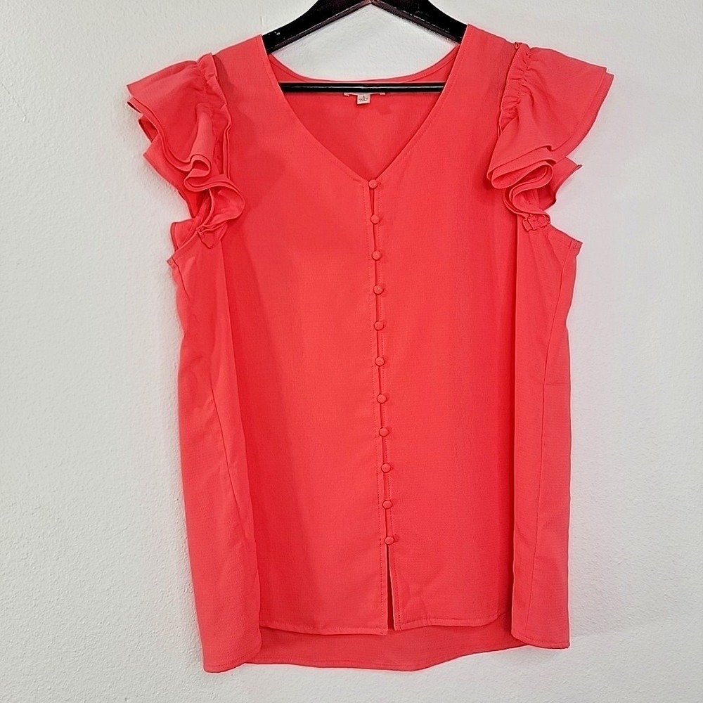 Cotton Bleu Coral Blouse Small Ruffle Sleeve Button Front Flowy Top